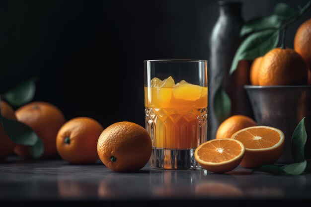 Orange juice surrounded by oranges